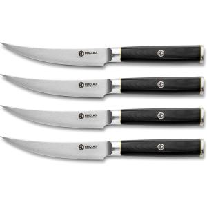 image:imageHexClad 4 Piece Master Series Damascus Steel Steak Knife Set Full Hybrid Tang Construction Faux Ebony Hexagonal Handle