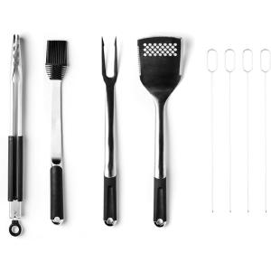image:imageHexClad 8Piece BBQ Grill Tool Set with 18 Grill Spatula 18 Locking Tongs 17 Silicone Basting Brush 18 Grill Fork and Four 15 Flat Skewers HeatResistant SoftGrip NonSlip Handles