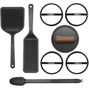 image:imageHexClad 8Piece Griddle Tool Set with SmashBurger Press Wide Turner Long Spatula 14 Tongs and 4 Egg Rings HeatResistant to 450F DishwasherSafe Perfect for Our Hybrid DoubleBurner Griddle