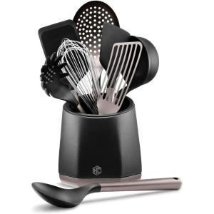 image:imageHexClad 9Piece Kitchen Utensil Set 9 Stainless Steel amp Silicone Tools with a FingerprintResistant Metallic Finish HeatResistant to 450F DishwasherSafe Includes NonSlip Ceramic Crock Holder