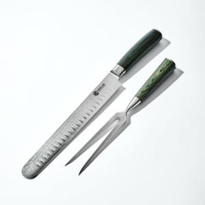 image:imageHexClad Carving Knife and Fork Set 10Inch Japanese Damascus Stainless Steel Blade Knife with Full Tang Construction and 2Pronged Fork Pakkawood Handles