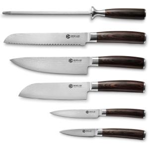 image:imageHexClad Espresso Essential Knife Set 6Piece Japanese Damascus Stainless Steel Blades Full Tang Construction Pakkawood Handles