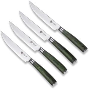 image:imageHexClad Espresso Steak Knife Set 4Pieces Damascus Stainless Steel Blades Full Tang Construction Pakkawood HandlesGreen