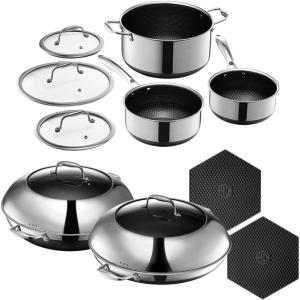 image:imageHexClad Hybrid Nonstick 12Piece Cookware Set 14 Pan with Lid 14 Wok with Lid 2 3 and 8Qt Pots with Lids and 2 Silicone Trivets StayCool Handles Dishwasher and OvenSafe Induction Ready