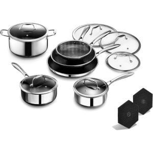 image:imageHexClad Hybrid Nonstick 14Piece Cookware Set 8 10 and 12 Pans with Lids 2 3 and 8Qt Pots with Lids and 2 Silicone Trivets StayCool Handles Dishwasher and OvenSafe Induction Ready
