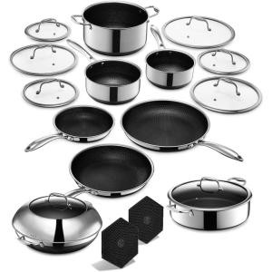 image:imageHexClad Hybrid Nonstick 18Piece Cookware Set 2 3 and 8Qt Pots with Lids 2 Silicone Trivets 8 10 and 12 Pans with Lids 7Qt Chicken Fryer with Lid and 14 Wok with Lid StayCool Handles