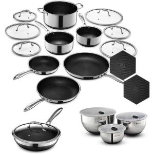 image:imageHexClad Hybrid Nonstick 19Piece Cookware Set 2 3 and 8Qt Pots with Lids 2 Silicone Trivets 8 10 and 12 Pans with Lids 3Piece Mixing Bowl Set and 14 Wok with Lid StayCool Handles