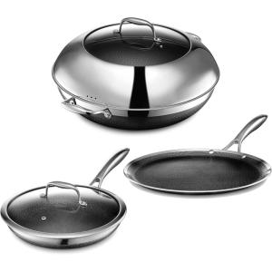 image:imageHexClad Hybrid Nonstick 5Piece Cookware Set 14 Wok with Lid 10 Pan with Lid and 12 Griddle StayCool Handles Dishwasher and OvenSafe Induction Ready Compatible with All Cooktops