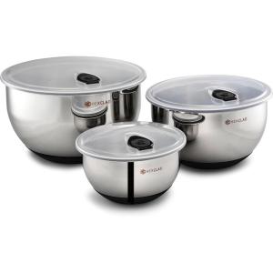 image:imageHexClad Stainless Steel Mixing Bowl Set 3Piece with Vacuum Seal Lids and NonSlip Base 133 and 5 Quarts