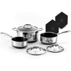 image:imageHexClad Hybrid Nonstick 6Piece Pot Set with 2 Silicone Trivets 2 3 and 8Quart Pots with Tempered Glass Lids StayCool Handles DishwasherFriendly Induction Ready Compatible with All Cooktops